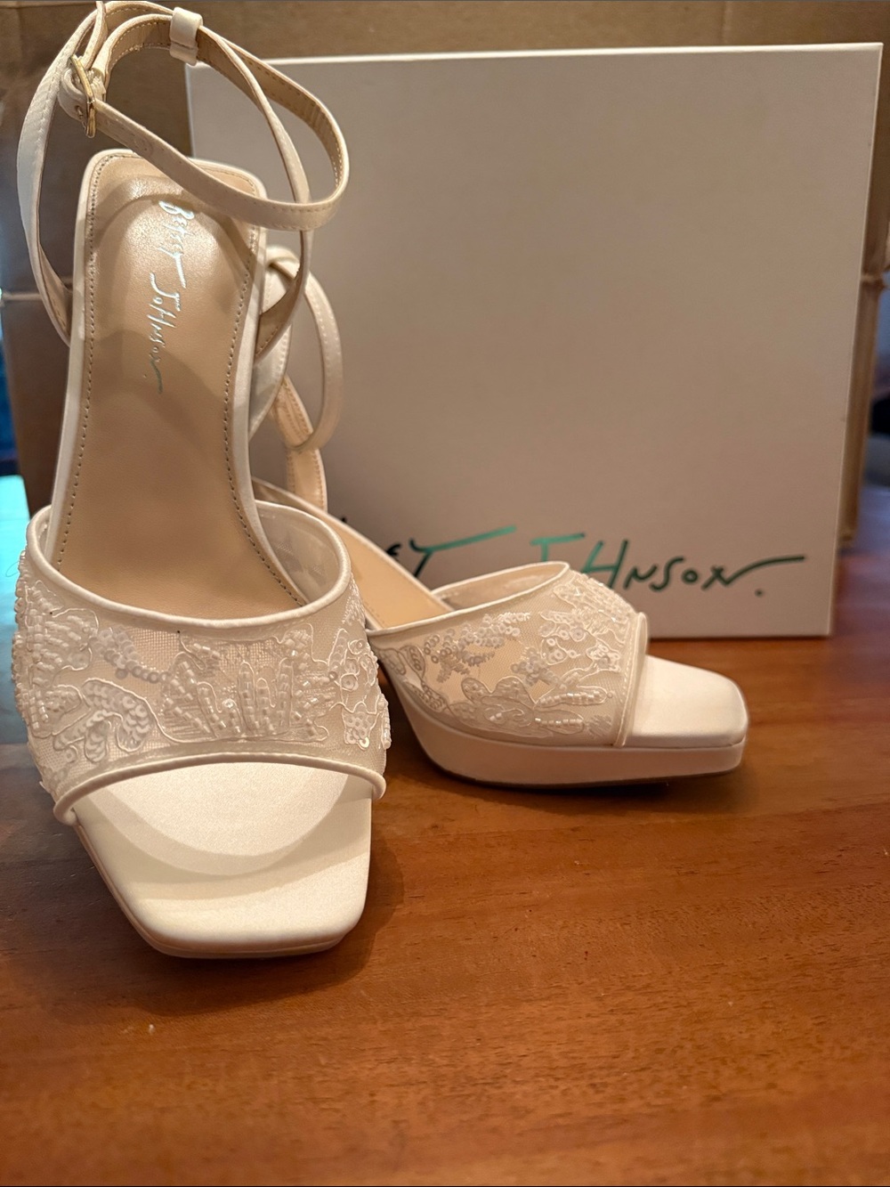 Betsey Johnson Ivory Embroidered Ankle-Strap Platform Heels